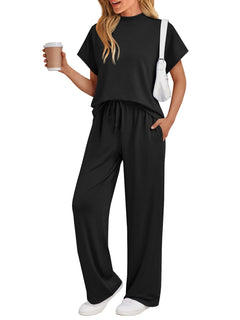 AUTOMET Women's 2 Piece Matching Lounge Sets 2026 Summer Mock Neck Sweatsuits Short Sleeve Loungewear Travel Outfits