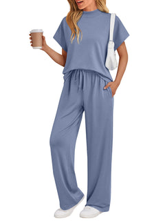AUTOMET Women's 2 Piece Matching Lounge Sets 2026 Summer Mock Neck Sweatsuits Short Sleeve Loungewear Travel Outfits