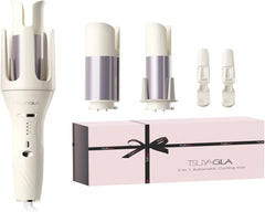 3 in 1 Automatic Curling Iron, Hair Curlers with 3 Curling Barrels (1" - 1.25" - 1.5"), Rotating Curling Iron with 3 Temp, 2-Way Rotation, 10S Fast Heating, Anti-Scald, Dual Voltage, White