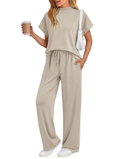 AUTOMET Women's 2 Piece Matching Lounge Sets 2026 Summer Mock Neck Sweatsuits Short Sleeve Loungewear Travel Outfits