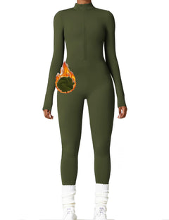 AEEZO Womens Long Sleeve Workout Jumpsuit Zip Up Yoga Rompers Sexy Tummy Control One Piece Bodycon Bottom Pants