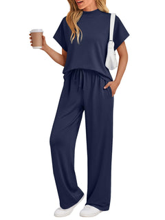 AUTOMET Women's 2 Piece Matching Lounge Sets 2026 Summer Mock Neck Sweatsuits Short Sleeve Loungewear Travel Outfits