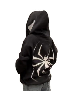 Y2K Spider Print Oversized Hoodie - Unisex Gothic Harajuku Sweatshirt with Spider Zipper Design