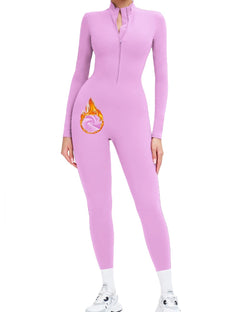 AEEZO Womens Long Sleeve Workout Jumpsuit Zip Up Yoga Rompers Sexy Tummy Control One Piece Bodycon Bottom Pants