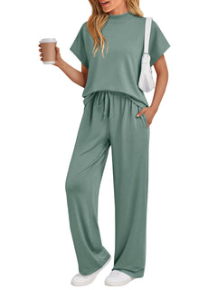 AUTOMET Women's 2 Piece Matching Lounge Sets 2026 Summer Mock Neck Sweatsuits Short Sleeve Loungewear Travel Outfits