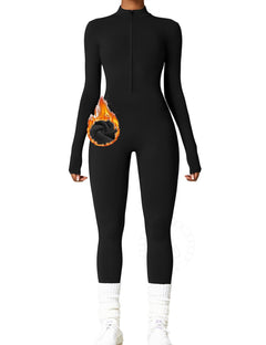 AEEZO Womens Long Sleeve Workout Jumpsuit Zip Up Yoga Rompers Sexy Tummy Control One Piece Bodycon Bottom Pants