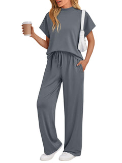 AUTOMET Women's 2 Piece Matching Lounge Sets 2026 Summer Mock Neck Sweatsuits Short Sleeve Loungewear Travel Outfits