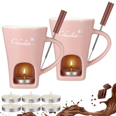Honeydak 4 Set Chocolate Fondue Mug with Fork and Candle Sweet Ceramic Personal Chocolate Melting Cup Ideal Gifts for Birthday Date Night Birthday Wedding Gifts (White)