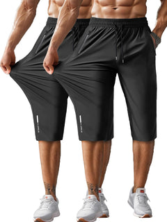 Hidkat Men's Capri Pants 3/4 Joggers Gym/Workout/Hiking Below Knee Long Shorts Lightweight Quick Dry with Zipper Pockets