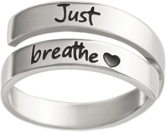 Just Breathe Ring for Women, Adjustable Heart Ring, Stainless Steel Spiral Wrap Healing Rings, Inspirational & Heart felt Gift