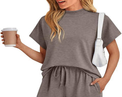 AUTOMET Women's 2 Piece Matching Lounge Sets 2026 Summer Mock Neck Sweatsuits Short Sleeve Loungewear Travel Outfits