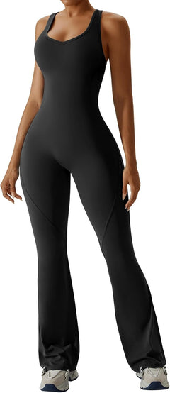 OEAK Womens Flare Jumpsuit with Bra Tummy Control Cutout Romper Workout Outfit Sleeveless Unitard One Piece Backless Bodysuit