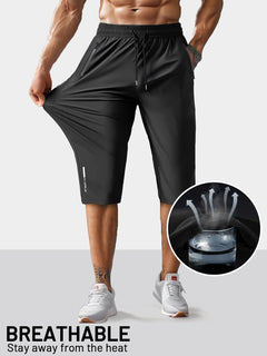 Hidkat Men's Capri Pants 3/4 Joggers Gym/Workout/Hiking Below Knee Long Shorts Lightweight Quick Dry with Zipper Pockets