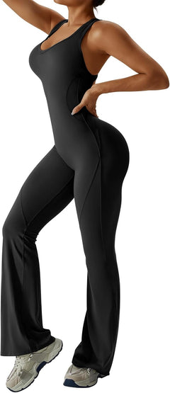 OEAK Womens Flare Jumpsuit with Bra Tummy Control Cutout Romper Workout Outfit Sleeveless Unitard One Piece Backless Bodysuit