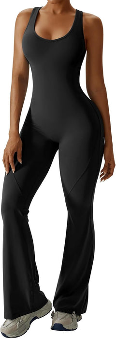 OEAK Womens Flare Jumpsuit with Bra Tummy Control Cutout Romper Workout Outfit Sleeveless Unitard One Piece Backless Bodysuit