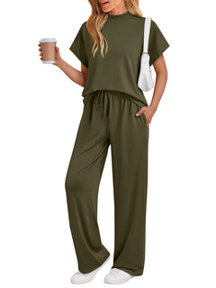 AUTOMET Women's 2 Piece Matching Lounge Sets 2026 Summer Mock Neck Sweatsuits Short Sleeve Loungewear Travel Outfits