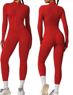AEEZO Womens Long Sleeve Workout Jumpsuit Zip Up Yoga Rompers Sexy Tummy Control One Piece Bodycon Bottom Pants