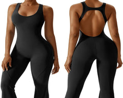 OEAK Womens Flare Jumpsuit with Bra Tummy Control Cutout Romper Workout Outfit Sleeveless Unitard One Piece Backless Bodysuit