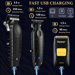KEMEI Professional Hair Clipper and Trimmers Set, Cordless Barber Clippers, Beard Trimmer, Electric Foil Shaver with Replacement Heads, KM-PG2299, KM-2296, KM-1102