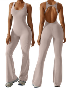 OEAK Womens Flare Jumpsuit with Bra Tummy Control Cutout Romper Workout Outfit Sleeveless Unitard One Piece Backless Bodysuit