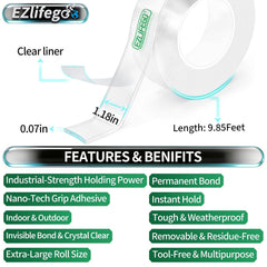 EZlifego Double Sided Tape Heavy Duty, Nano Double Sided Adhesive Tape, Clear Mounting Tape Picture Hanging Adhesive Strips (9.85FT)
