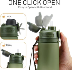 TakeToday Collapsible Water Bottles 21oz (600mL), Foldable Platinum Silicone Travel Water Bottle with Straw & Carry Strap, Leak-Resistant Screw Lid, Wide Mouth, BPA-Free for Hiking, Camping, Travel