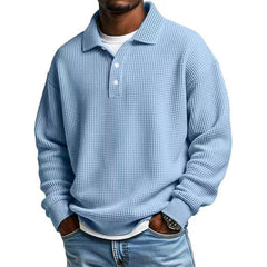 Mens Long Sleeve Polo Shirts Button Down Lapel Neck Golf Shirt Casual Relaxed Fit Midweight Textured Waffle Knit Tops