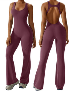 OEAK Womens Flare Jumpsuit with Bra Tummy Control Cutout Romper Workout Outfit Sleeveless Unitard One Piece Backless Bodysuit