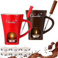 Honeydak 4 Set Chocolate Fondue Mug with Fork and Candle Sweet Ceramic Personal Chocolate Melting Cup Ideal Gifts for Birthday Date Night Birthday Wedding Gifts (White)