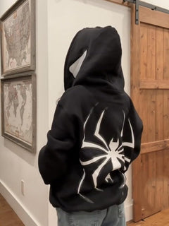 Y2K Spider Print Oversized Hoodie - Unisex Gothic Harajuku Sweatshirt with Spider Zipper Design