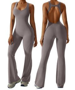 OEAK Womens Flare Jumpsuit with Bra Tummy Control Cutout Romper Workout Outfit Sleeveless Unitard One Piece Backless Bodysuit