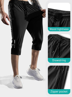 Hidkat Men's Capri Pants 3/4 Joggers Gym/Workout/Hiking Below Knee Long Shorts Lightweight Quick Dry with Zipper Pockets