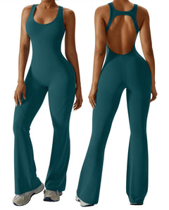 OEAK Womens Flare Jumpsuit with Bra Tummy Control Cutout Romper Workout Outfit Sleeveless Unitard One Piece Backless Bodysuit