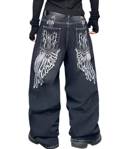Mens Y2K Baggy Jeans Embroidery Hip Hop Wide Leg Jeans Streetwear Denim Pants