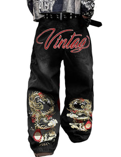 Mens Y2K Baggy Jeans Embroidery Hip Hop Wide Leg Jeans Streetwear Denim Pants