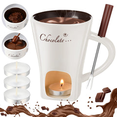 Honeydak 4 Set Chocolate Fondue Mug with Fork and Candle Sweet Ceramic Personal Chocolate Melting Cup Ideal Gifts for Birthday Date Night Birthday Wedding Gifts (White)