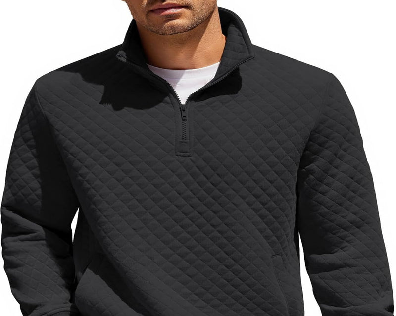 COOFANDY Mens Quarter Zip Pullover Quilted Sweatshirt Knit Long Sleeve Mock Neck Sweater Polo with Pocket