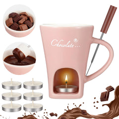 Honeydak 4 Set Chocolate Fondue Mug with Fork and Candle Sweet Ceramic Personal Chocolate Melting Cup Ideal Gifts for Birthday Date Night Birthday Wedding Gifts (White)