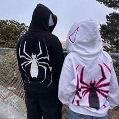 Y2K Spider Print Oversized Hoodie - Unisex Gothic Harajuku Sweatshirt with Spider Zipper Design