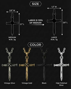 Nail Cross Necklace for Men - Hypoallergenic 316L Stainless Steel Cross Pendant, Vintage Silver/Gold/Black Tone, Christian Faith Gift