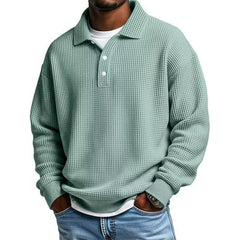 Mens Long Sleeve Polo Shirts Button Down Lapel Neck Golf Shirt Casual Relaxed Fit Midweight Textured Waffle Knit Tops