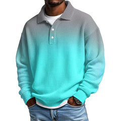 Mens Long Sleeve Polo Shirts Button Down Lapel Neck Golf Shirt Casual Relaxed Fit Midweight Textured Waffle Knit Tops