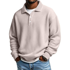 Mens Long Sleeve Polo Shirts Button Down Lapel Neck Golf Shirt Casual Relaxed Fit Midweight Textured Waffle Knit Tops
