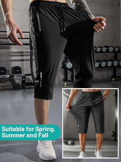 Hidkat Men's Capri Pants 3/4 Joggers Gym/Workout/Hiking Below Knee Long Shorts Lightweight Quick Dry with Zipper Pockets