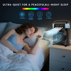 Portable Air Conditioner Fan, Mini Evaporative Air Cooler Cooling Fan with 5 Spray Nozzles,3 Wind Speeds,3 Timers,7 Colors LED Light,600ML Personal AC Unit Fan for Bedroom Office Camping（Black）