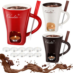 Honeydak 4 Set Chocolate Fondue Mug with Fork and Candle Sweet Ceramic Personal Chocolate Melting Cup Ideal Gifts for Birthday Date Night Birthday Wedding Gifts (White)