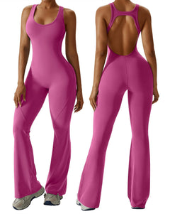 OEAK Womens Flare Jumpsuit with Bra Tummy Control Cutout Romper Workout Outfit Sleeveless Unitard One Piece Backless Bodysuit