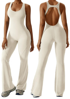 OEAK Womens Flare Jumpsuit with Bra Tummy Control Cutout Romper Workout Outfit Sleeveless Unitard One Piece Backless Bodysuit