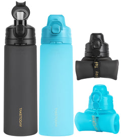 TakeToday Collapsible Water Bottles 21oz (600mL), Foldable Platinum Silicone Travel Water Bottle with Straw & Carry Strap, Leak-Resistant Screw Lid, Wide Mouth, BPA-Free for Hiking, Camping, Travel