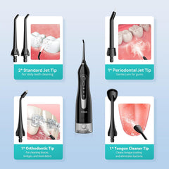 COSLUS ADA Accepted Water Dental Flosser Teeth Pick C20: Portable Cordless Oral Irrigator 300ML Rechargeable Travel Irrigation Cleaner IPX7 Waterproof Electric Flossing Machine, Professional Set Black
